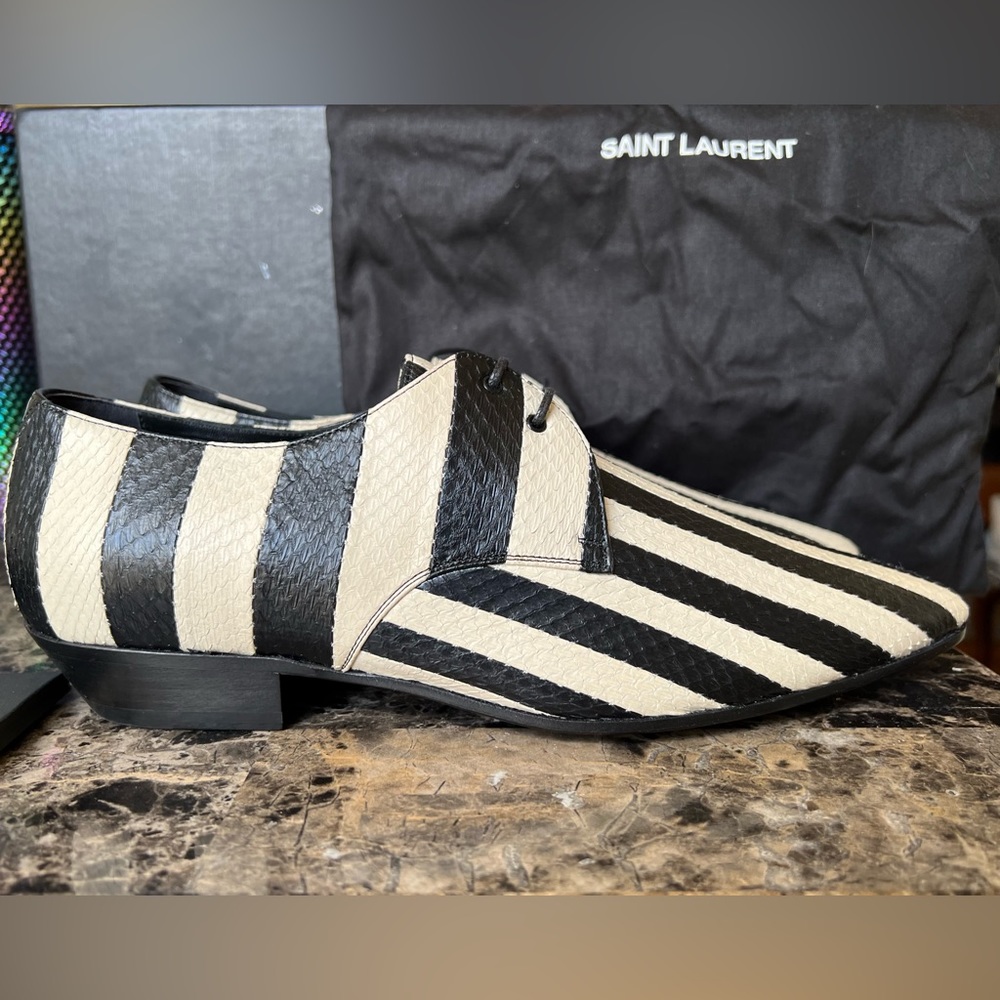 🎁SOLD!🚚Saint Laurent Elaphe Snakeskin Striped Mens Jonas 25 Derby Size 8US